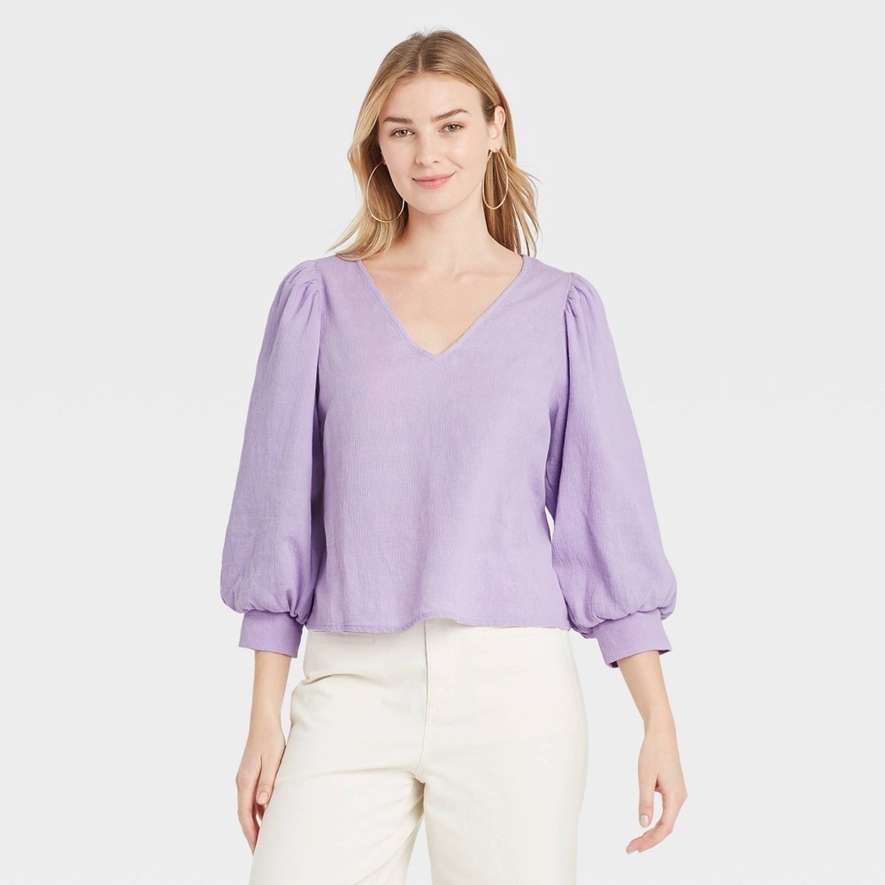 A New Day Lavender Cotton Puff Sleeve Top